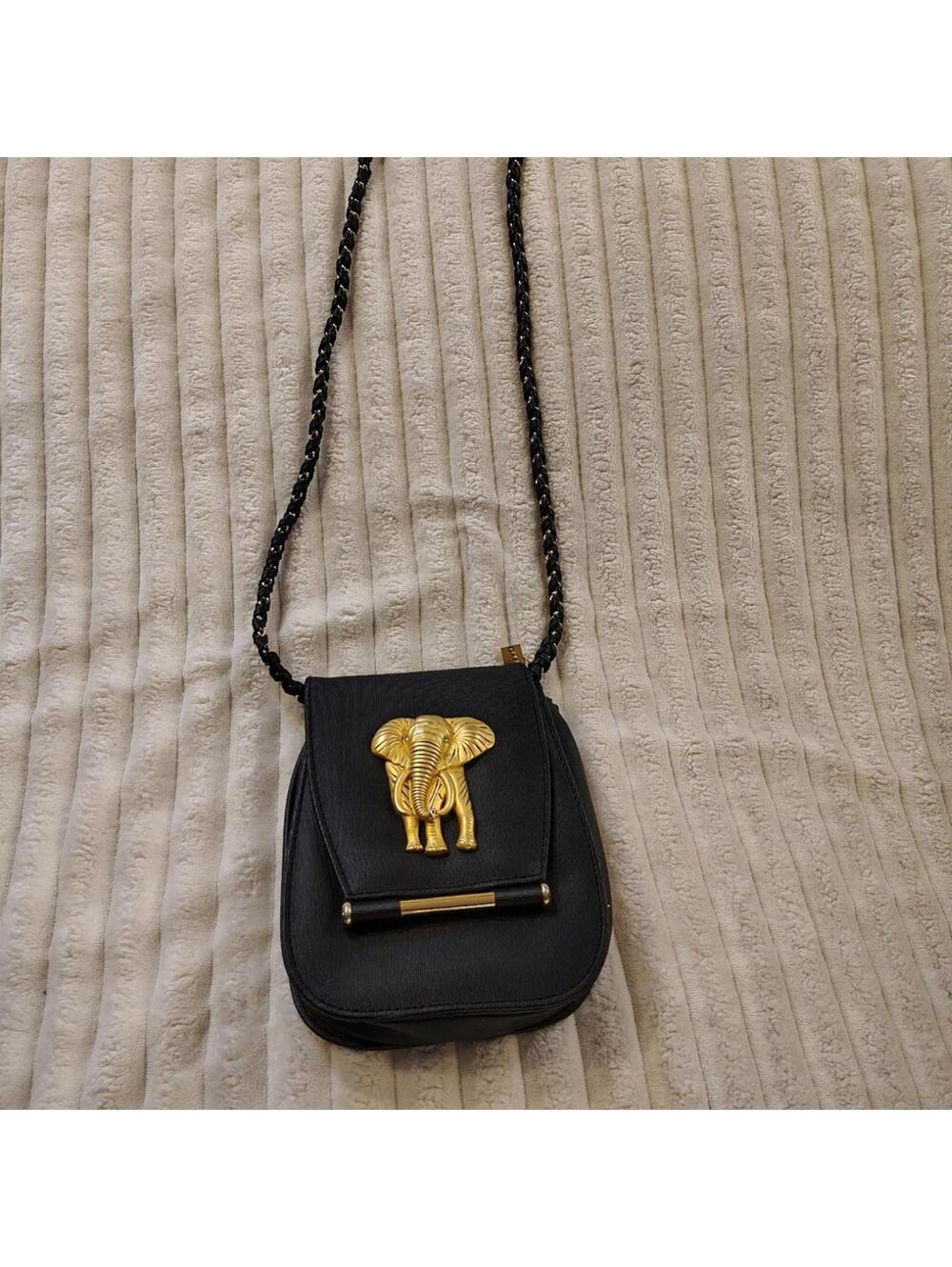 Elegant Black Crossbody Bag with Gold Elephant Accent
